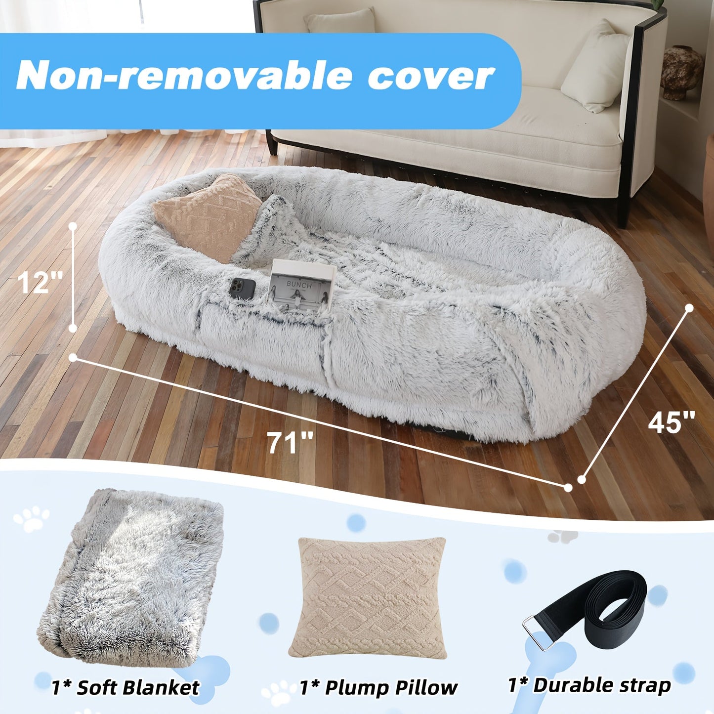 Orthopedic Human Dog Bed 71"x45"x12" Oval Washable Faux Fur Pet Bed with Plump Pillow, Blanket & Strap - Non-Slip Spa Design for All Dog Sizes, Grey, Cozy Nap Spot, Cozy Aesthetic, Durable Polyester, Home Lounging