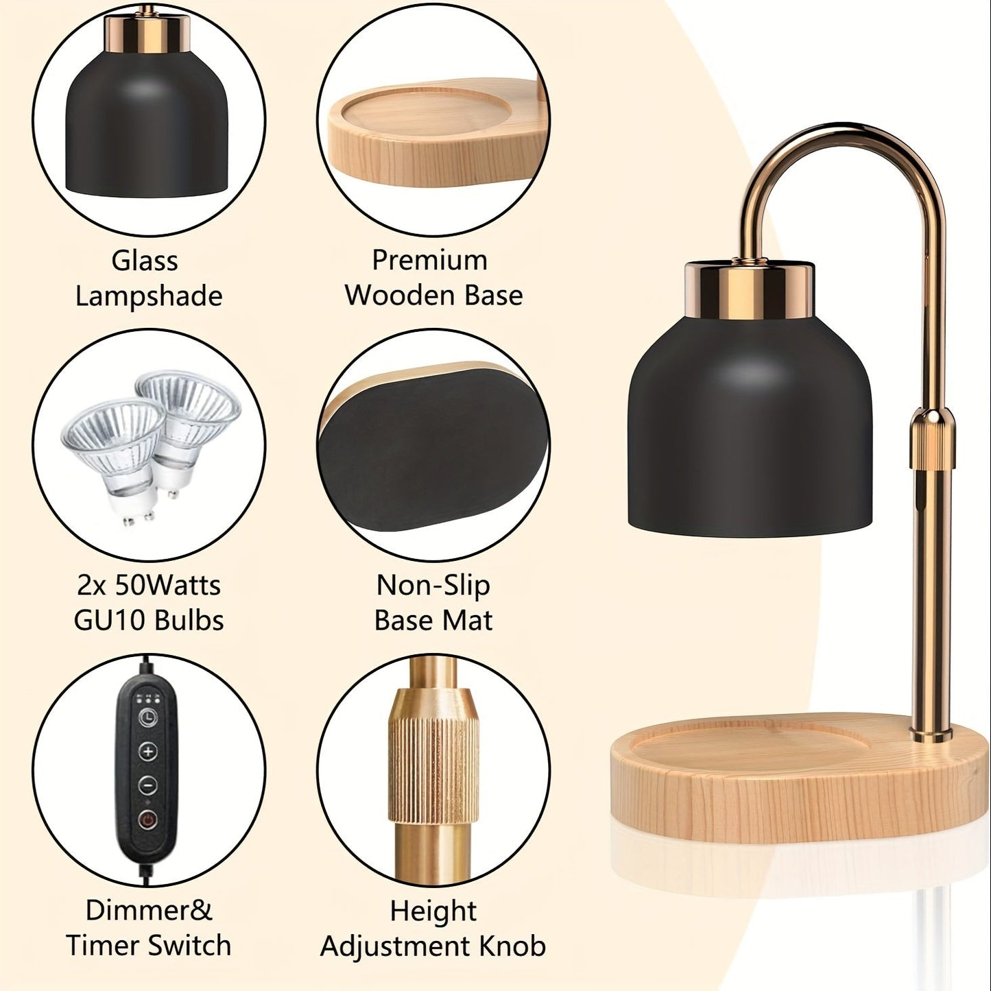 Adjustable Height Dimmable Candle Lamp Warmer With Timer Compatible With Large Jar Candles No Flame Scented Candle Wax Warmer With 2 Bulbs Mothers Day Gift Bedroom Home Decor