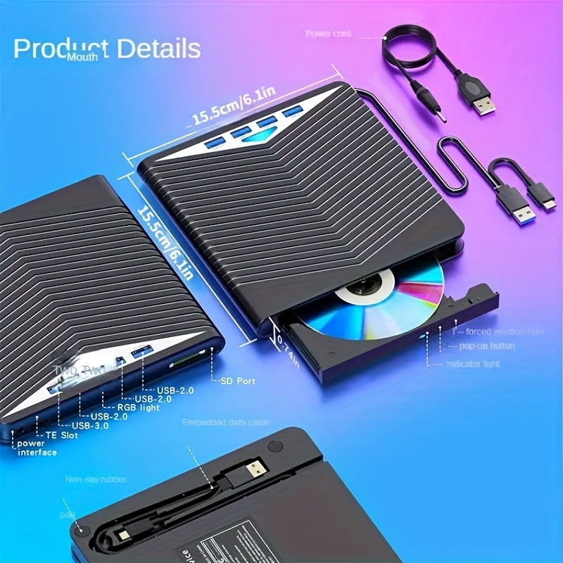 Ultra-Slim External CD/DVD Drive with 4 USB Ports & Card Slots - USB 3.0 and Type-C Optical Drive with SD/TF Card Reader, CD Burner, and Writer for Windows, MacOS, Linux - Premium dvd player from Lizard Vigilante - Just $41.08! Shop now at Lizard Vigilante