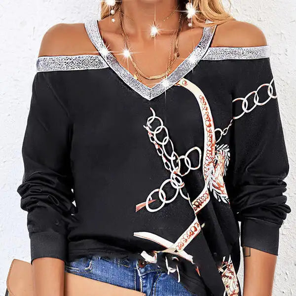 Women's Fashion New Chain Printed Sequin Cold Shoulder Long Sleeved Sweatshirt With Exposed Shoulder Top