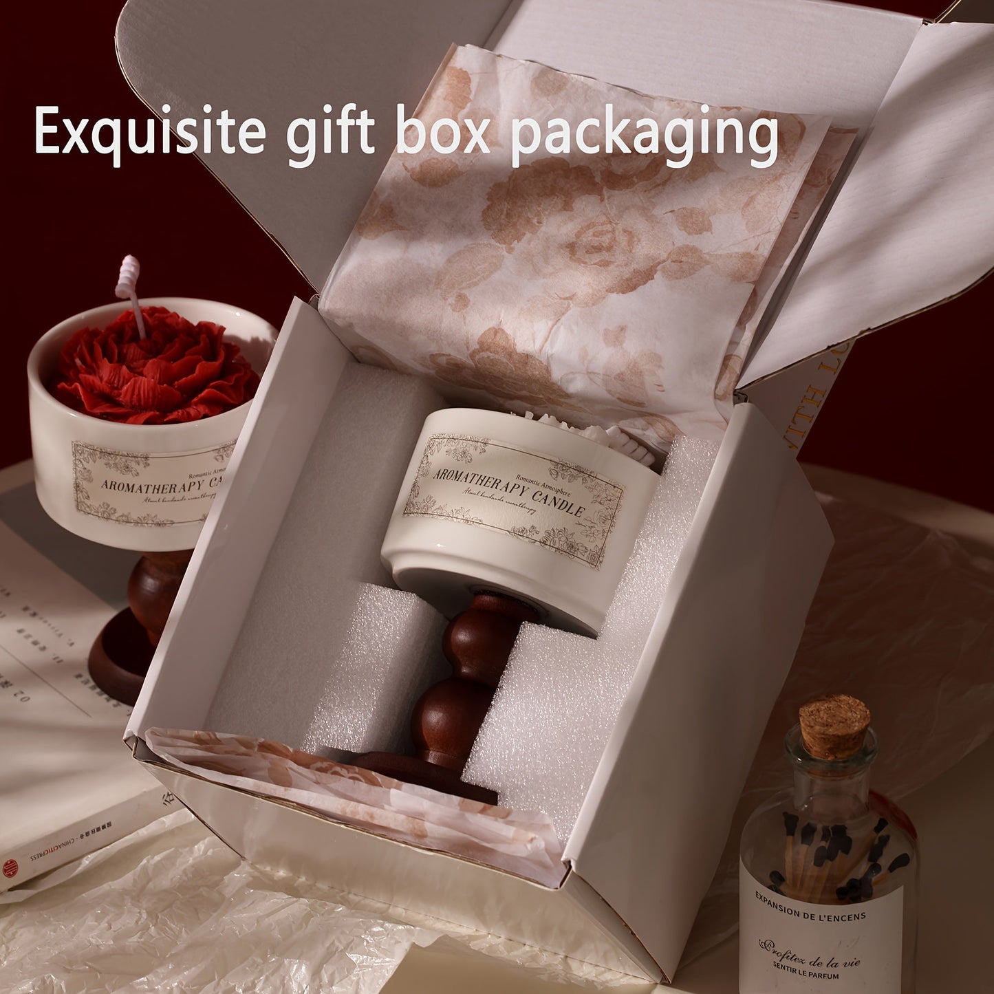 Luxury Soy Wax Scented Candle - 5.3oz Rose, Lavender, Gardenia | Elegant Gift Box for Christmas, Birthdays & Graduations | Home Decor with Ceramic Container & Wooden Base