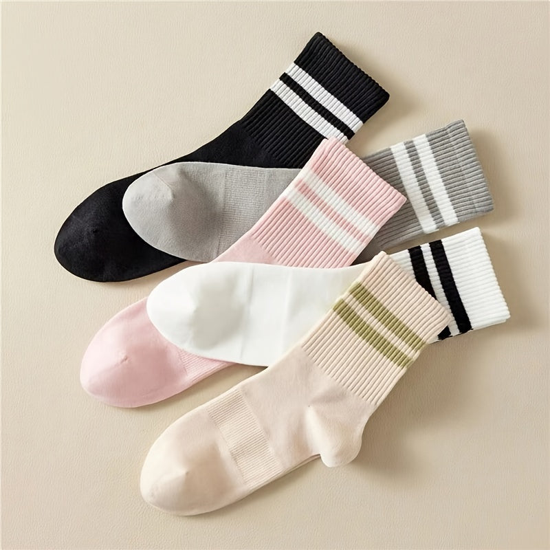 5 Pairs Striped Print Socks, College Style Sports Mid Tube Socks, Women's Stockings & Hosiery