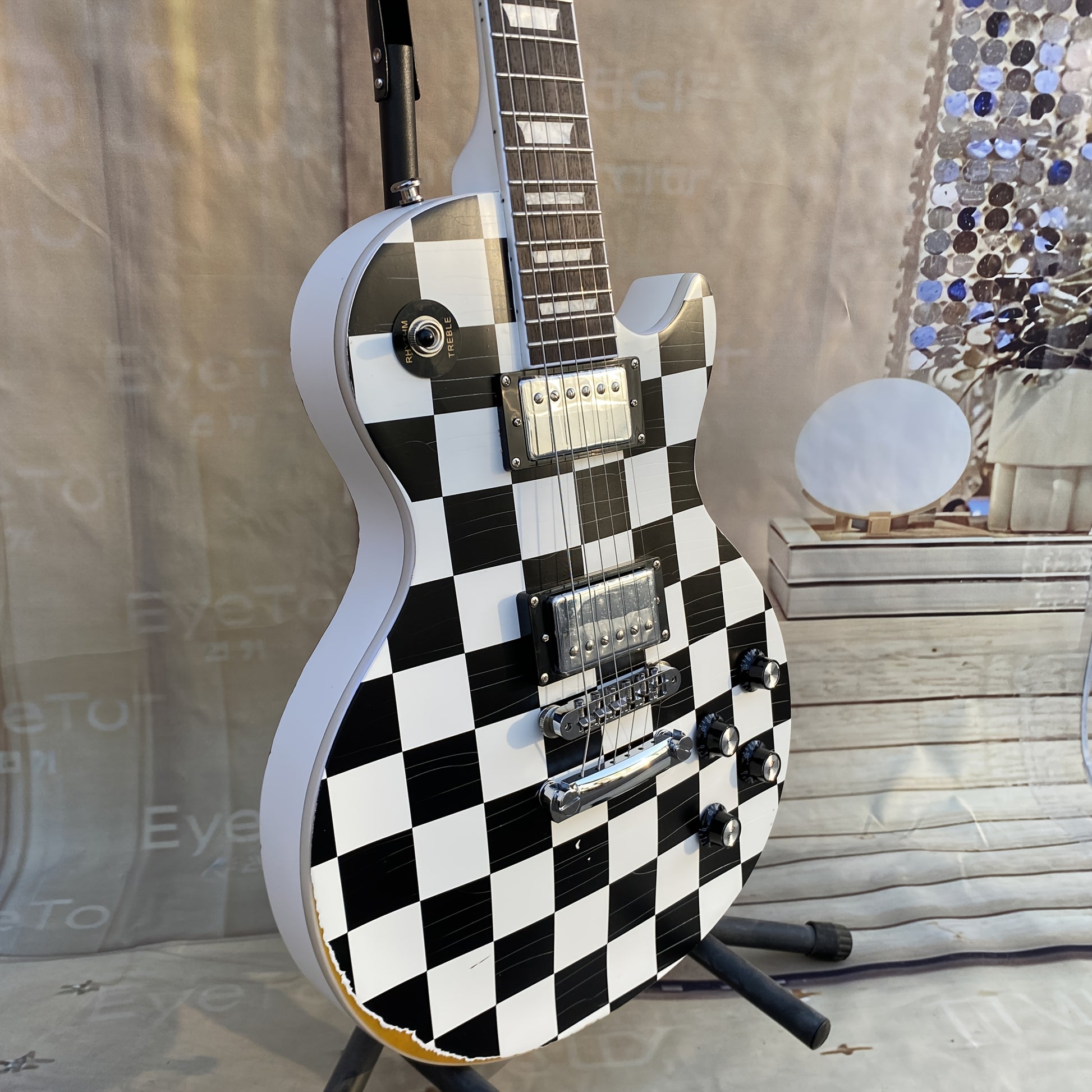 LP Electric Guitar – Black & White Chess Grid Design with Mahogany Build, H-H Pickups, and Tune-O-Matic Bridge - Premium guitar from Lizard Vigilante - Just $501.08! Shop now at Lizard Vigilante