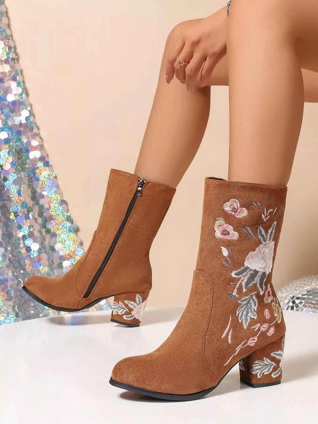 Floral Embroidered : Block Heel Boots