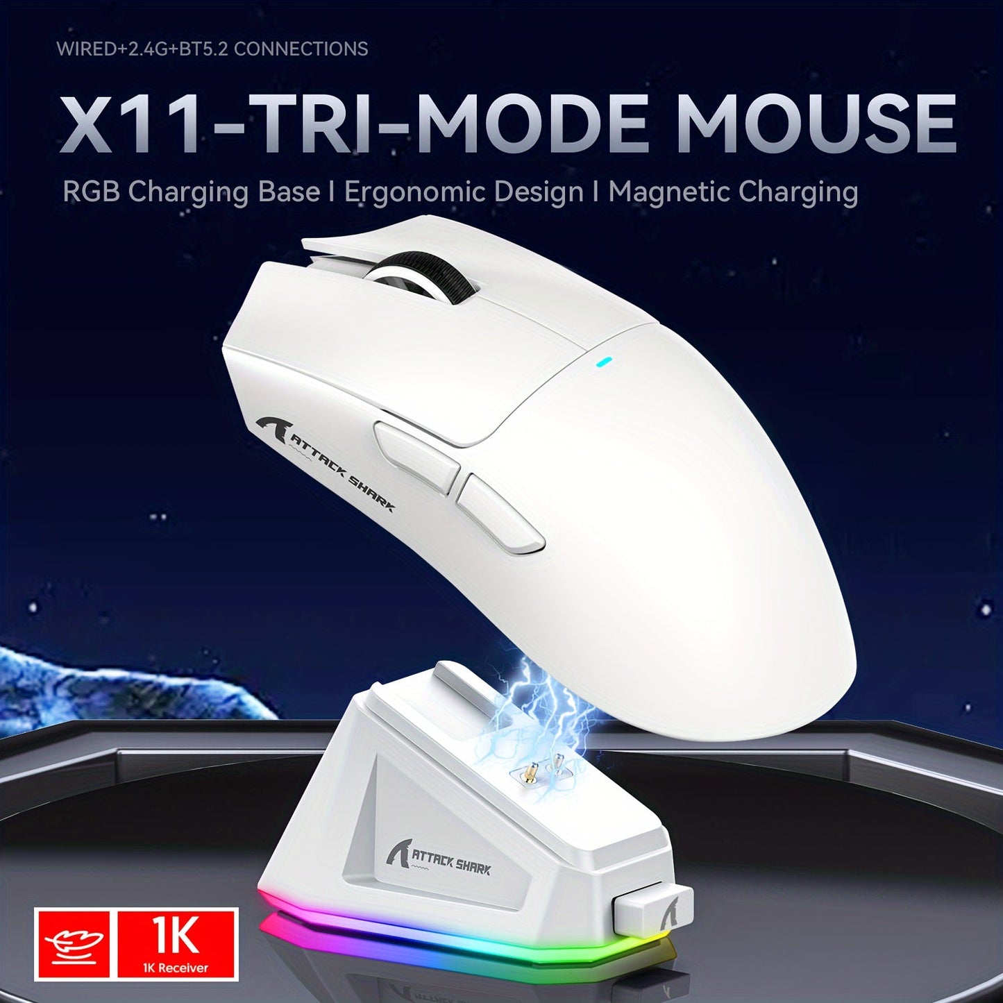 22K DPI X11 Pro Wireless Gaming Mouse - Tri-Mode Connectivity, RGB Charging Dock, PAW3311 Optical Sensor, HUYU Switch, 5 Programmable Buttons, Ergonomic Design for PC Gamers