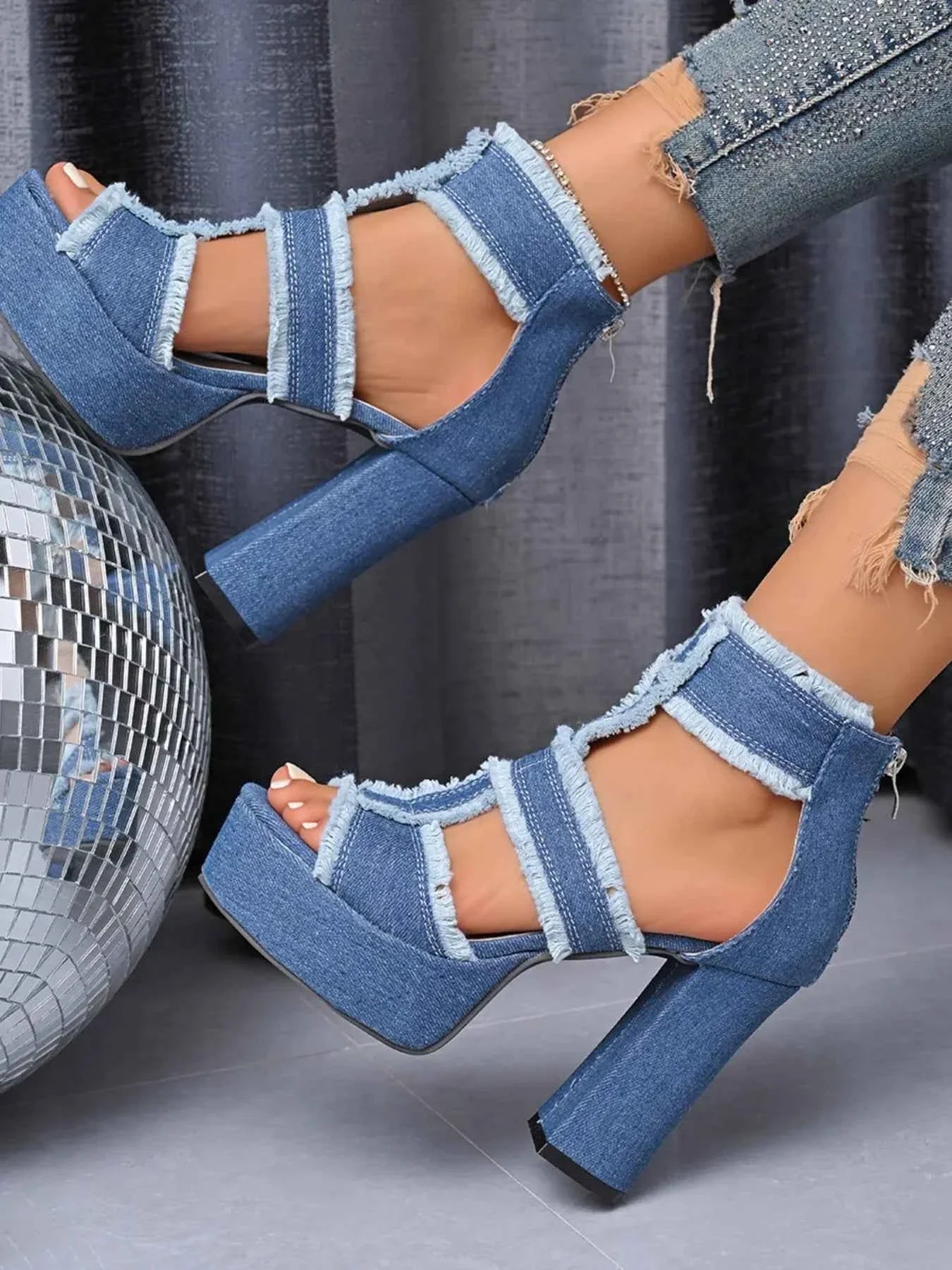 Denim Platform Block Heel Sandals : With Frayed Edge Detail