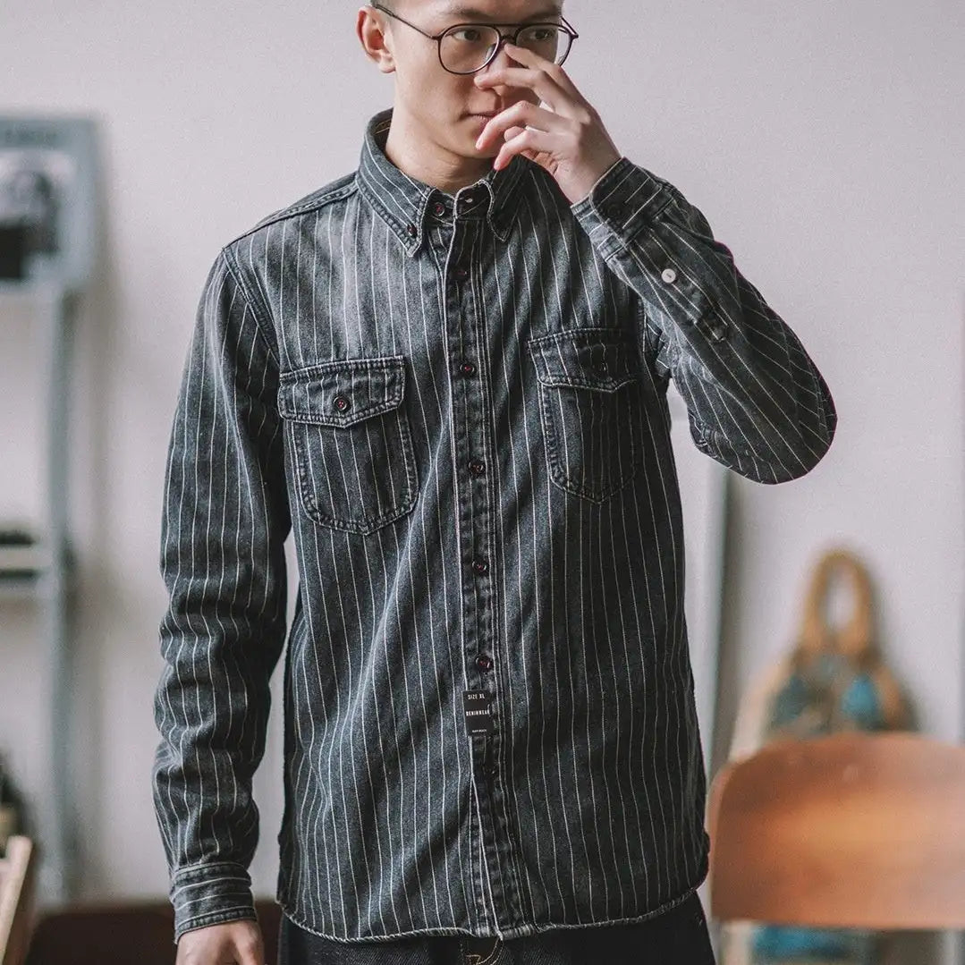 Vintage Vertical Stripes Denim Shirt Workwear Washed Old Long Sleeve Men