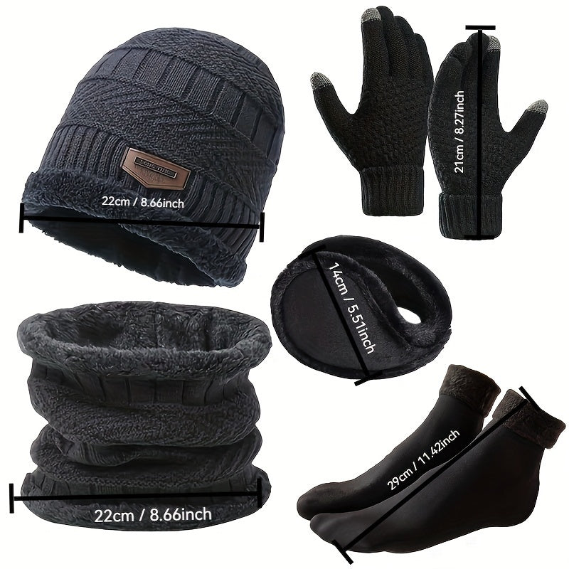 5pcs Winter Warmth Kit: Men's Sporty Knit Beanie, Faux Fur Earflaps, Non-Slip Socks & Gloves - Ultimate Cold Weather Gear Set for Outdoor Adventures - Premium  from Lizard Vigilante - Just $11.99! Shop now at Lizard Vigilante