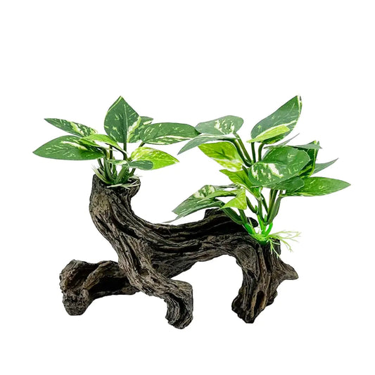 Smoothedo-Pets Fish Tank Large Decorations Betta Fish/Bugs/Aquarium/Turtle/Reptile Decoration 5.5inch Rock Caves Shrimp Cichlid Hiding Breeding Spawning Driftwood Plants Ornaments (Green Leaf/Wood)