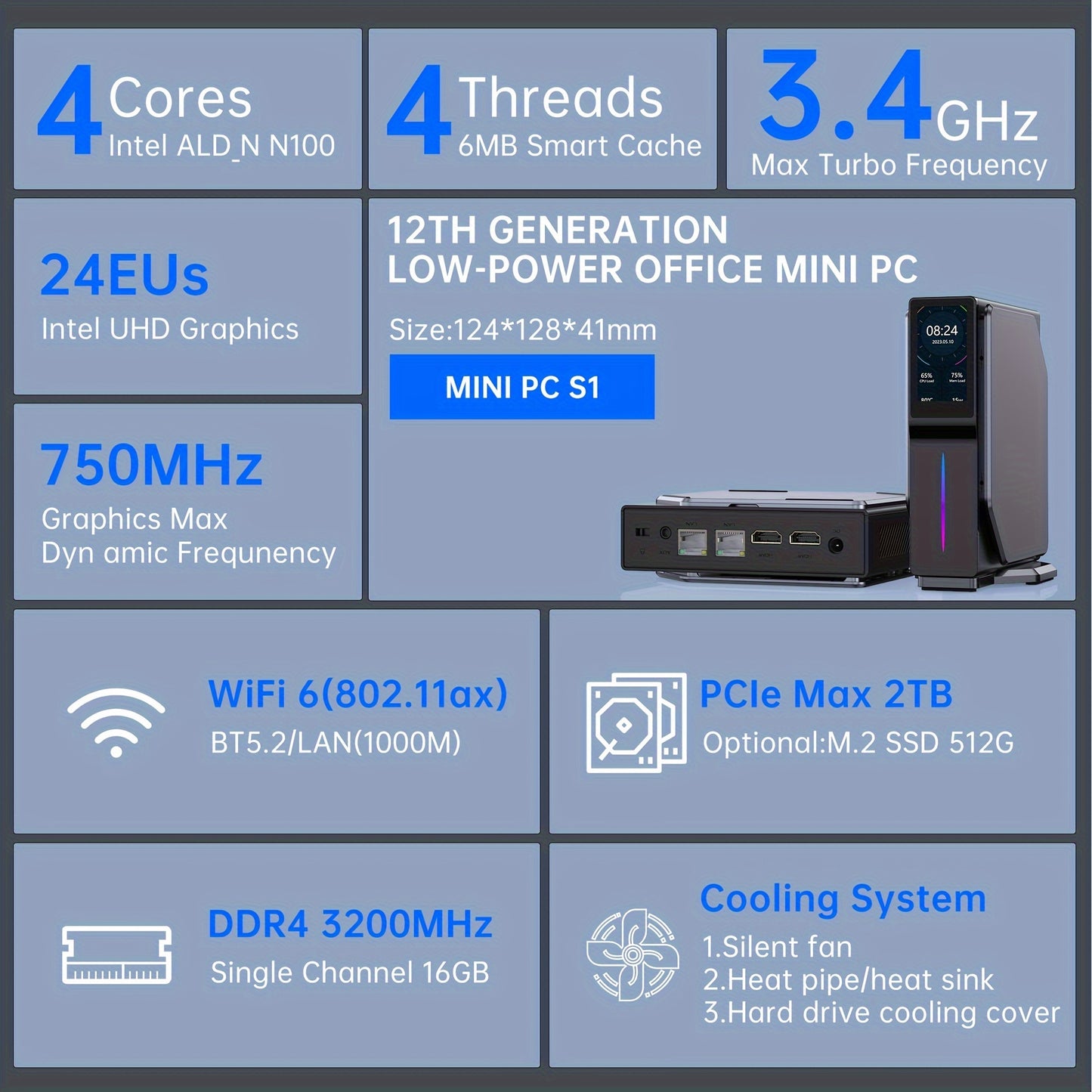 ACEMAGIC S1 Mini PC 12th Generation Alder Lake N100 16GB DDR4 RAM 512GB SSD Windows 11 4K UHD WiFi5 BT4.2 Mini Desktop PC Commercial Home - Premium  from Lizard Vigilante - Just $283.99! Shop now at Lizard Vigilante