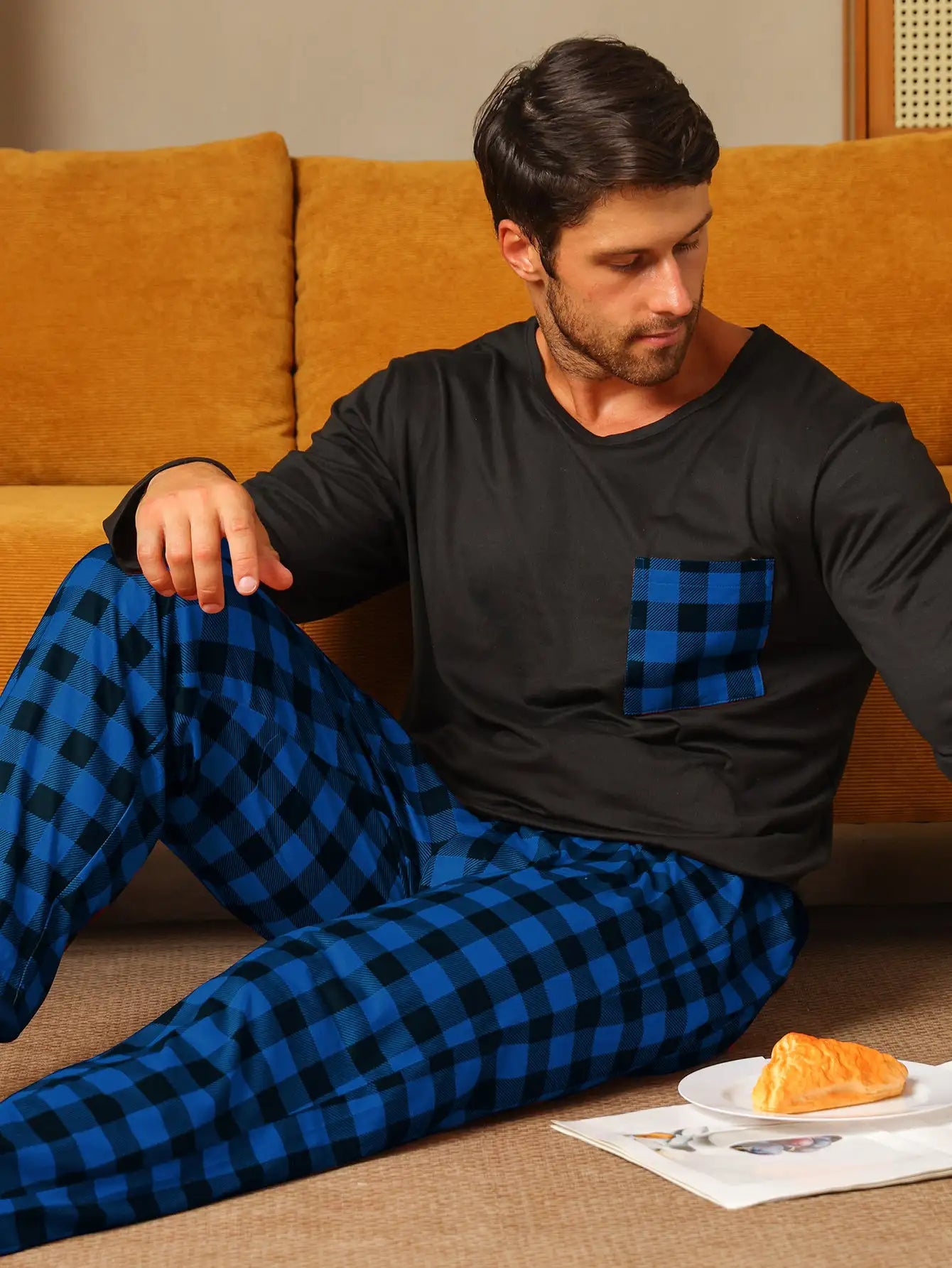 Ice Silk Long Sleeve Long Pants Men's Pajama Set