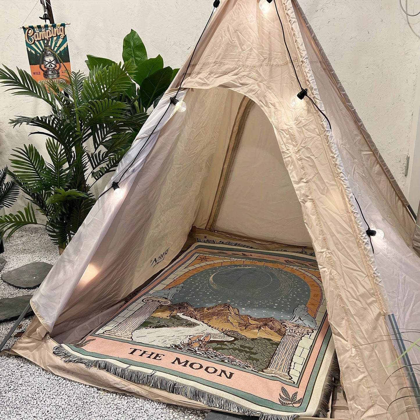 1pc Bohemian Knitted Tassel Blanket - Polyester Blend, Machine Washable, Square, Stain Resistant, Lightweight, Versatile for Indoor, Outdoor, Camping - The Moon Design Rug