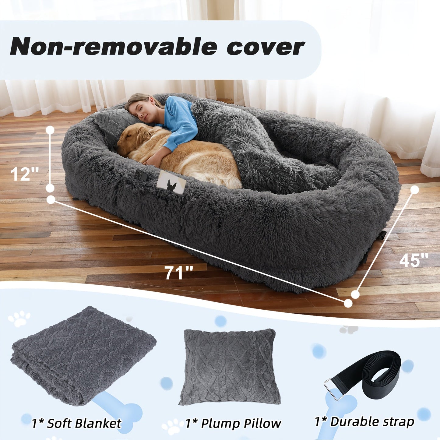 Orthopedic Human Dog Bed 71"x45"x12" Oval Washable Faux Fur Pet Bed with Plump Pillow, Blanket & Strap - Non-Slip Spa Design for All Dog Sizes, Grey, Cozy Nap Spot, Cozy Aesthetic, Durable Polyester, Home Lounging