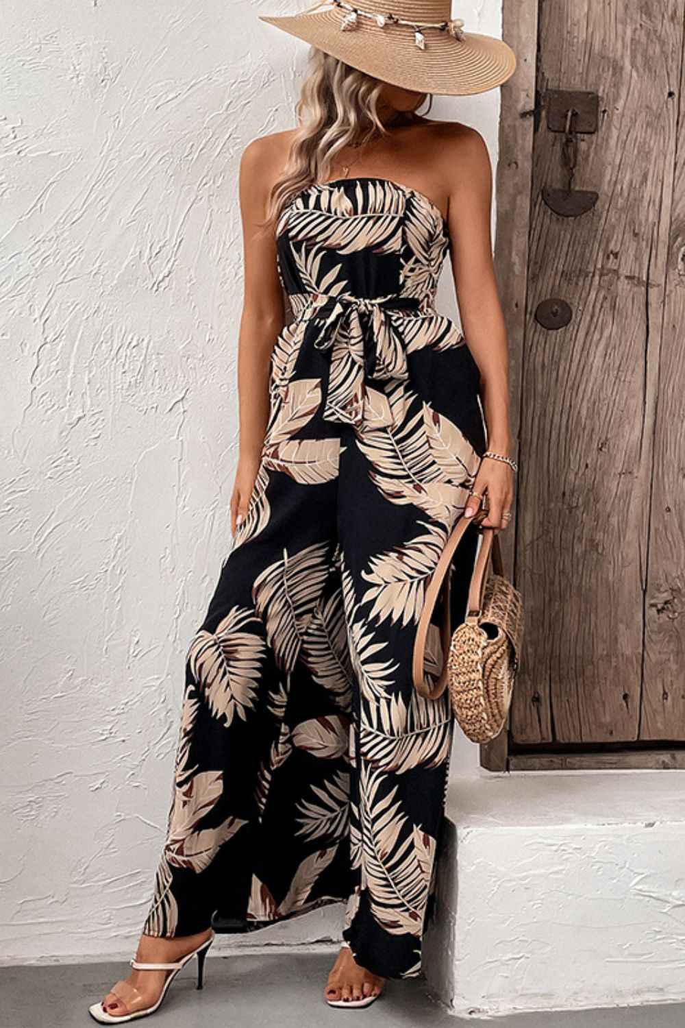 Perfee Printed Strapless : Wide Leg Jumpsuit with Pockets