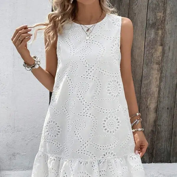 Ladies' Solid Color Vacation Style Hollow Flower Pattern Details Round Neck Off Shoulder Wide Shoulder Strap Mushroom Edge Hanging Pleat Elegant Style Dress