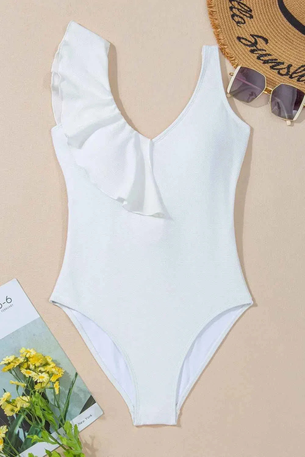 Ruffled V-Neck Wide Strap : One-Piece Swimwear