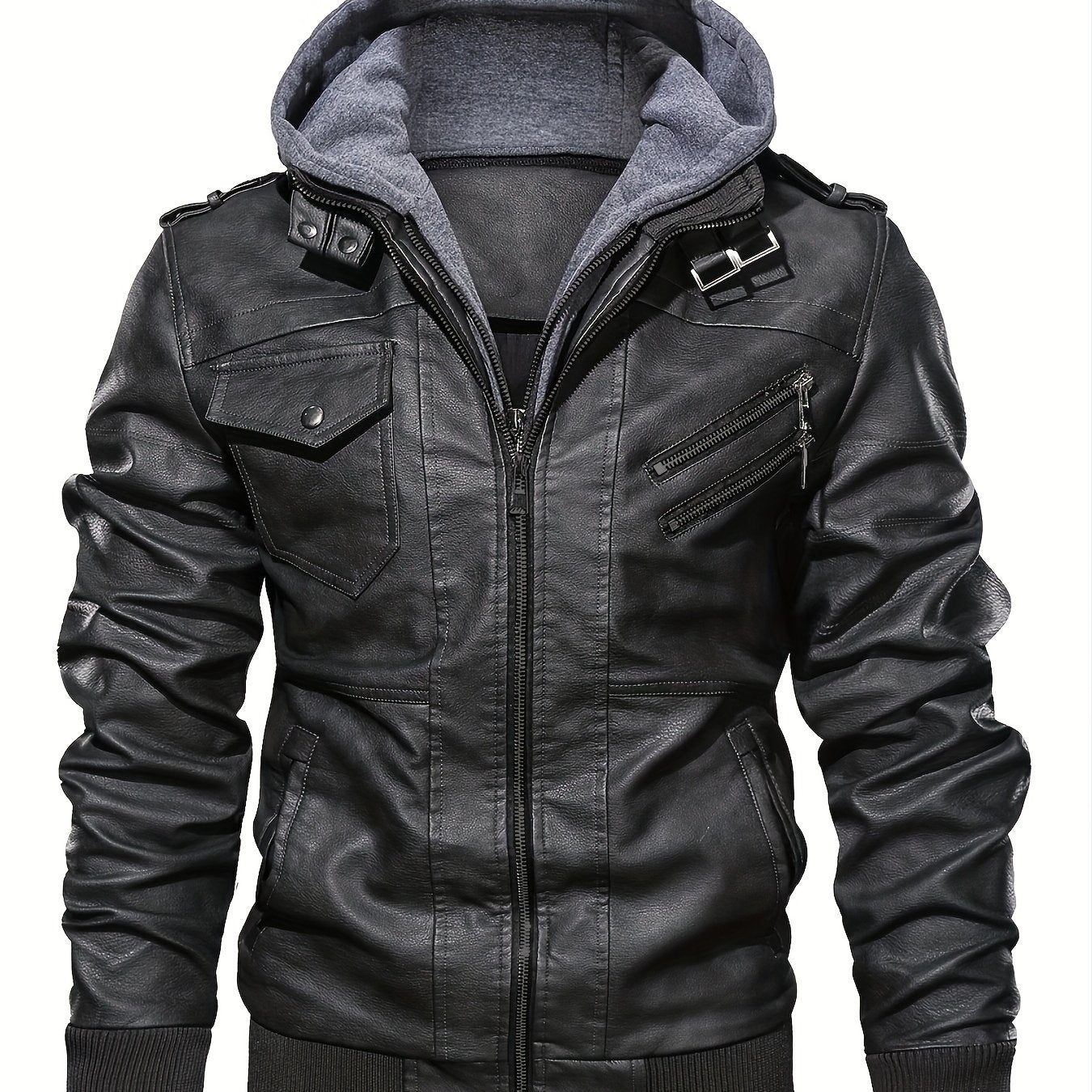 Men's PU Leather Hooded Jacket – Casual Zippered Long Sleeve with Pockets, Solid Color, Regular Fit - Premium jacket from Lizard Vigilante - Just $69.88! Shop now at Lizard Vigilante