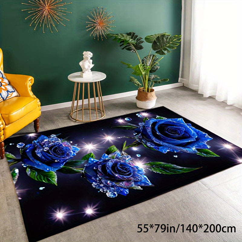 Crystal Velvet Romantic Valentine's Day Blue Fairy Rose Earth Blanket Area Rug Hotel Living Room Bedroom Soft Carpet Machine Washable Non-slip Backing Office Entryway Indoor Decorative Carpet Floor Mat For Hotel/Restaurant/Of