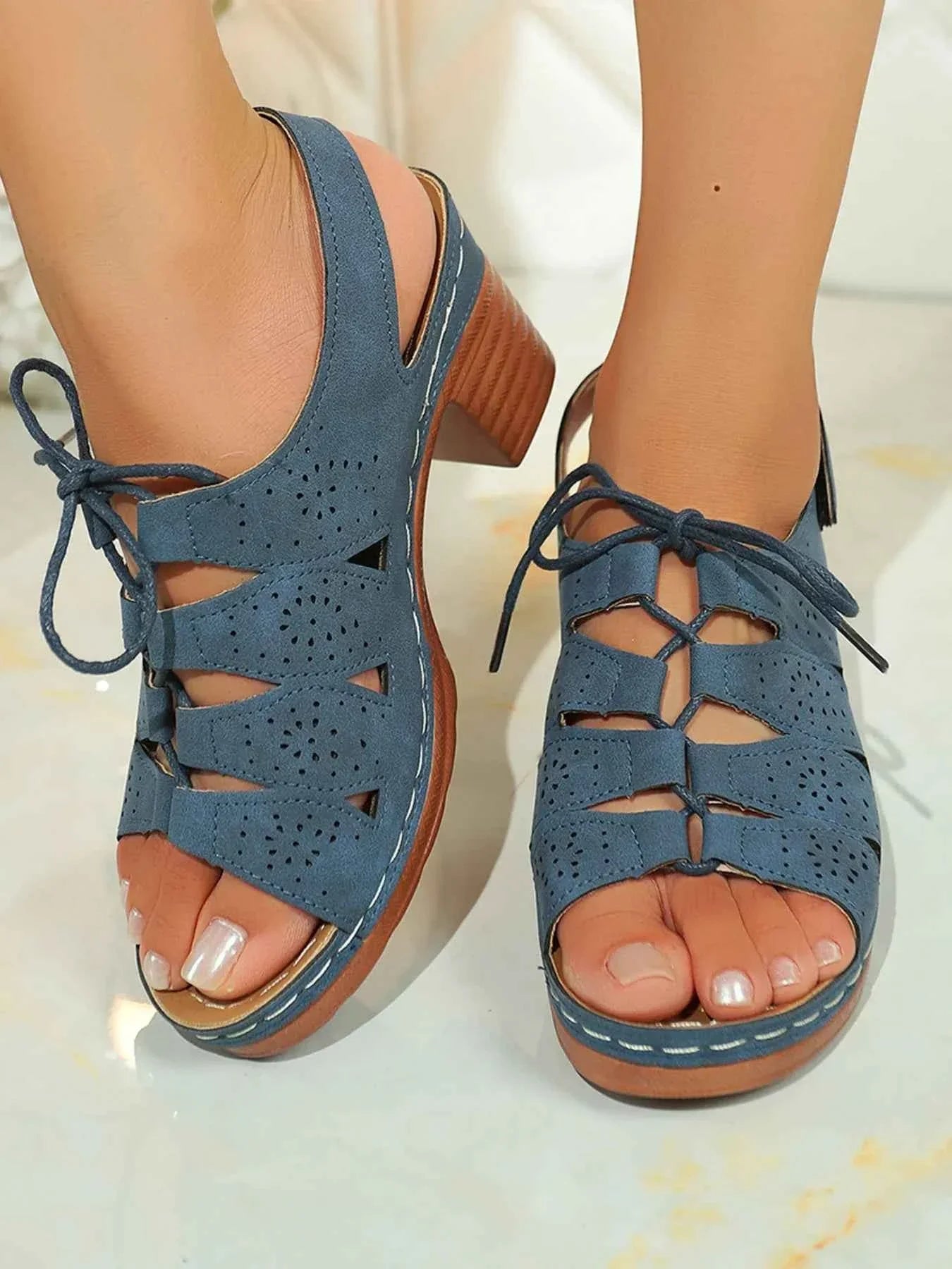 Elegant Block : Heel Sandals With Laces