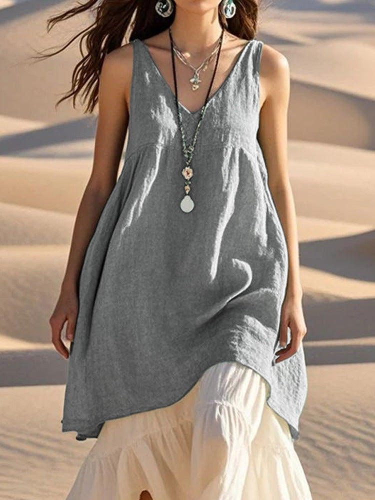 Fashion Sleeveless Cotton Linen Solid Color And V-neck Beach Dress