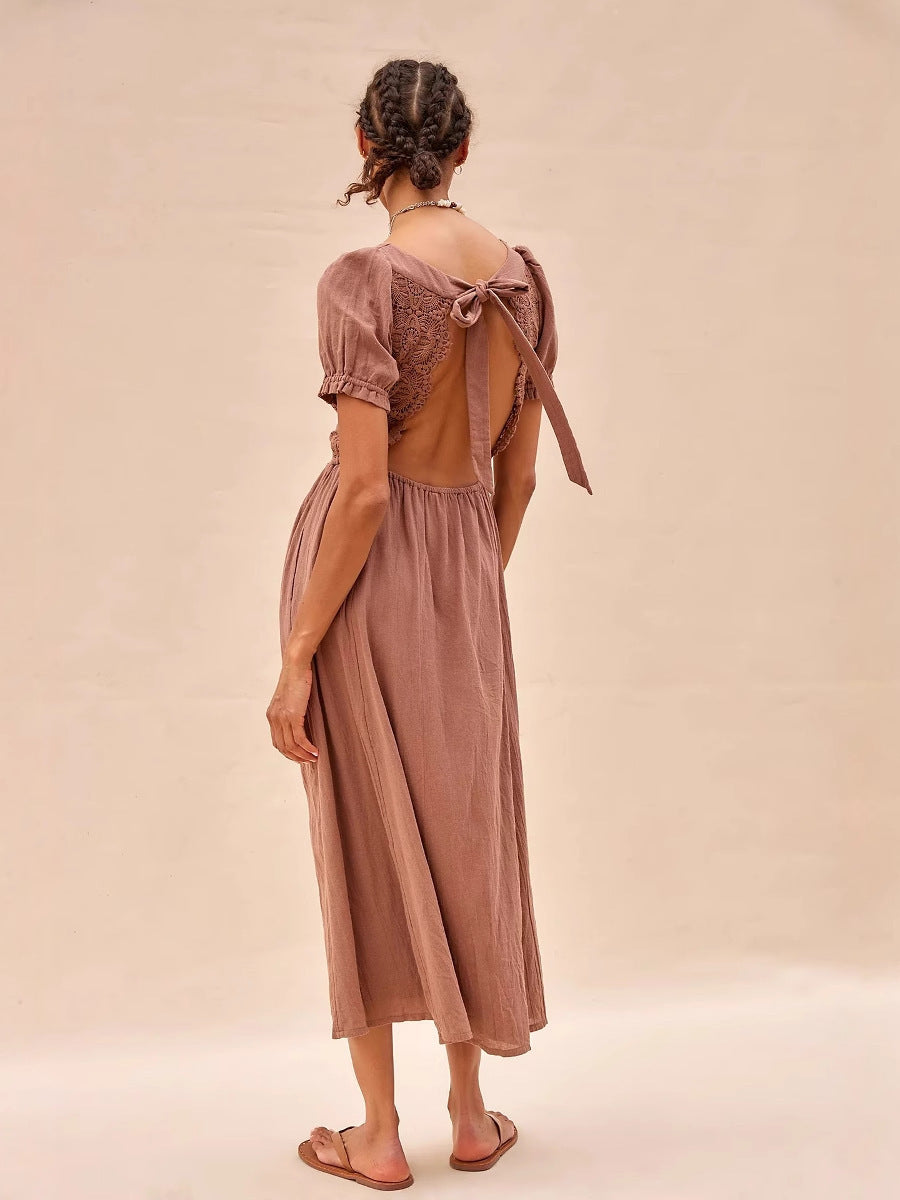 V-neck Lace Short Sleeved Pure Cotton Dress