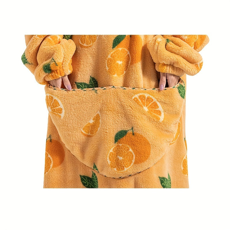 Plus Size Pumpkin Print Flannel Blanket Hoodie - Soft, Cozy, Plush, Hooded, Winter Outwear for Women with Halloween Theme