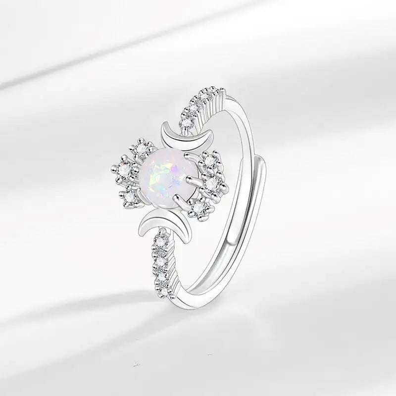 Platinum Round White Opal Glossy Double Moon Edge