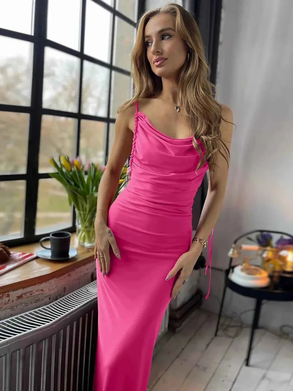 Backless Cowl Neck Sleeveless : Cami Dress