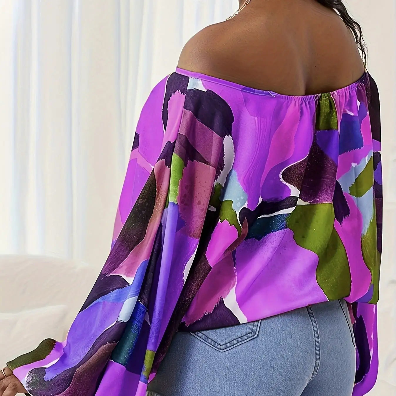 Ladies' Fashionable And Casual Off Shoulder Printed Lantern Sleeves, Loose And Comfortable Versatile T-shirt Top