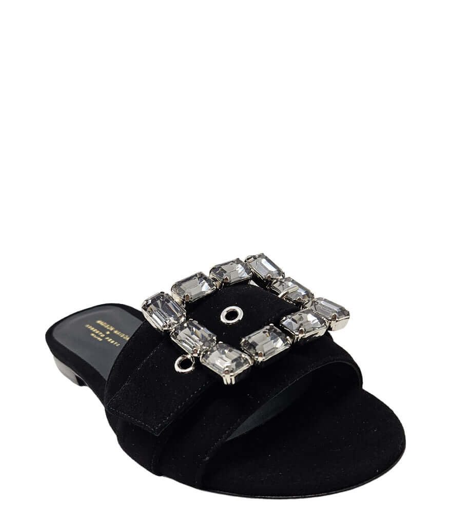 Fade Jeweled Buckle Black Suede Sandal