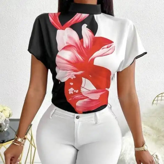 Women's New Small Stand Up Collar Loose Fit Comfortable And Elegant Temperament Floral Print Top