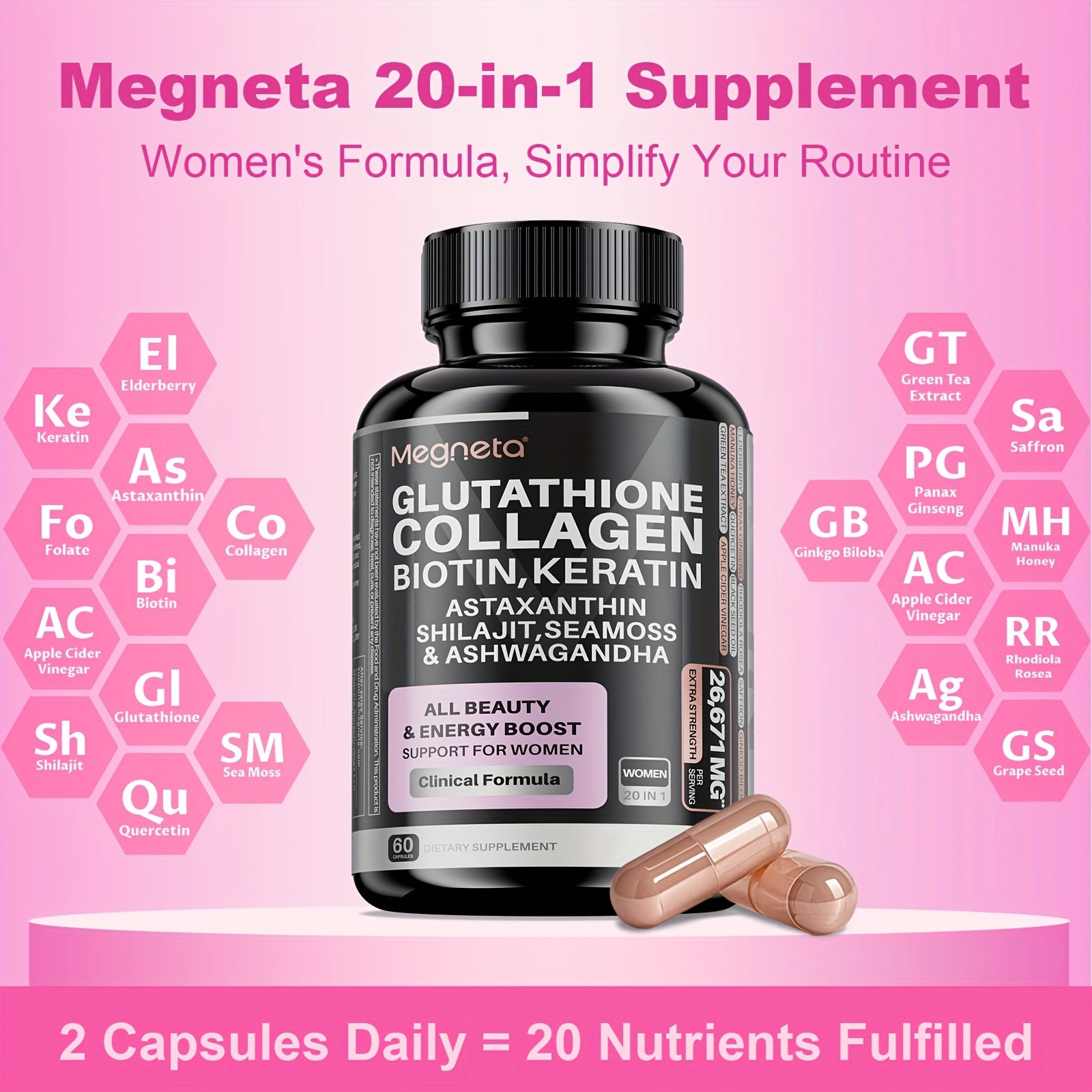 Megneta 20-in-1 Glutathione Collagen Capsules with Biotin, Keratin, Sea Moss & Shilajit – Advanced Hair, Skin, and Nail Supplement for Women - Premium collagen capsules from Lizard Vigilante - Just $25.99! Shop now at Lizard Vigilante