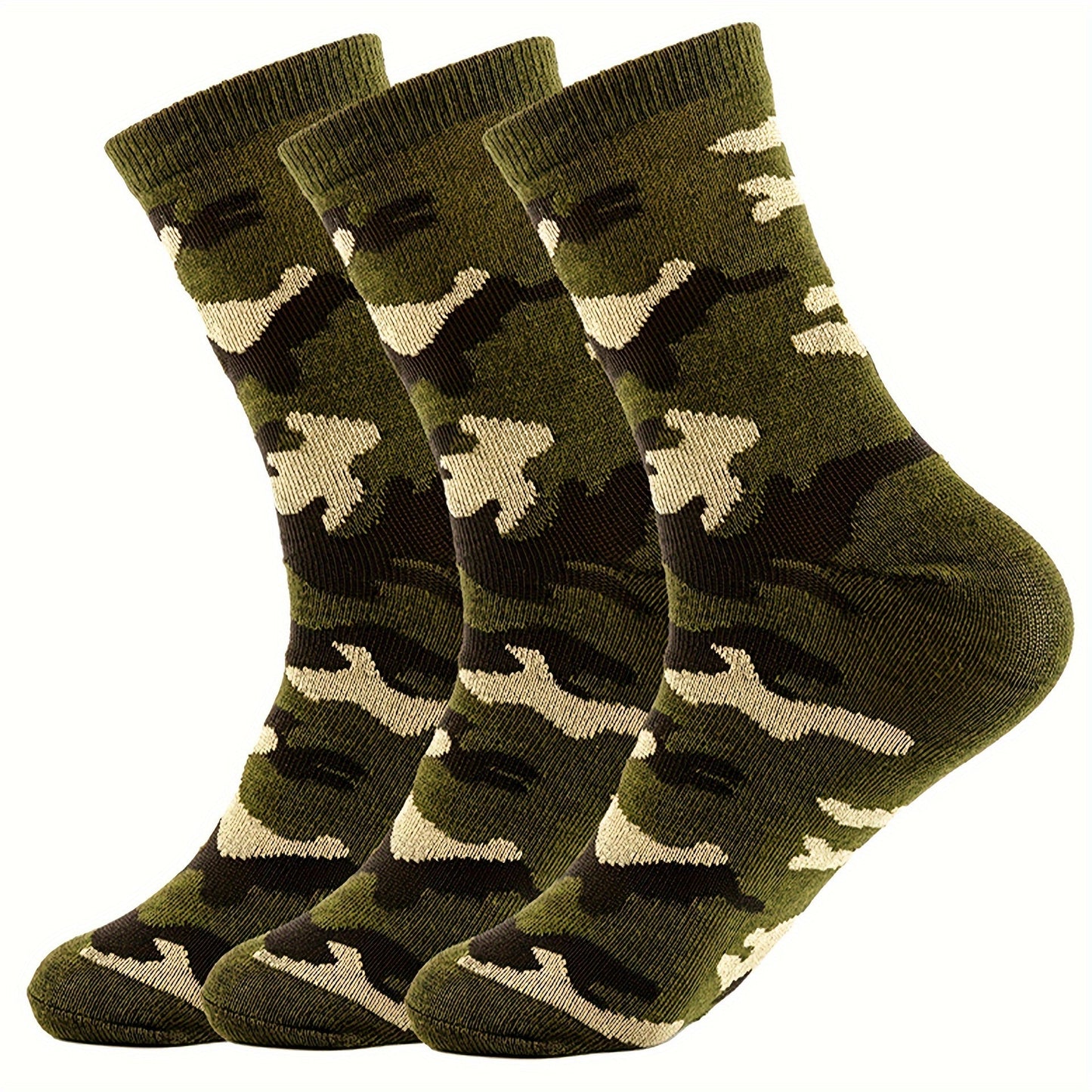 3 Pcs Men's Camo Sports Crew Socks - Durable, Stretchy, Ribbed Cuff for All Seasons
