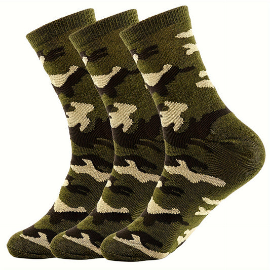 3 Pcs Men's Camo Sports Crew Socks - Durable, Stretchy, Ribbed Cuff for All Seasons