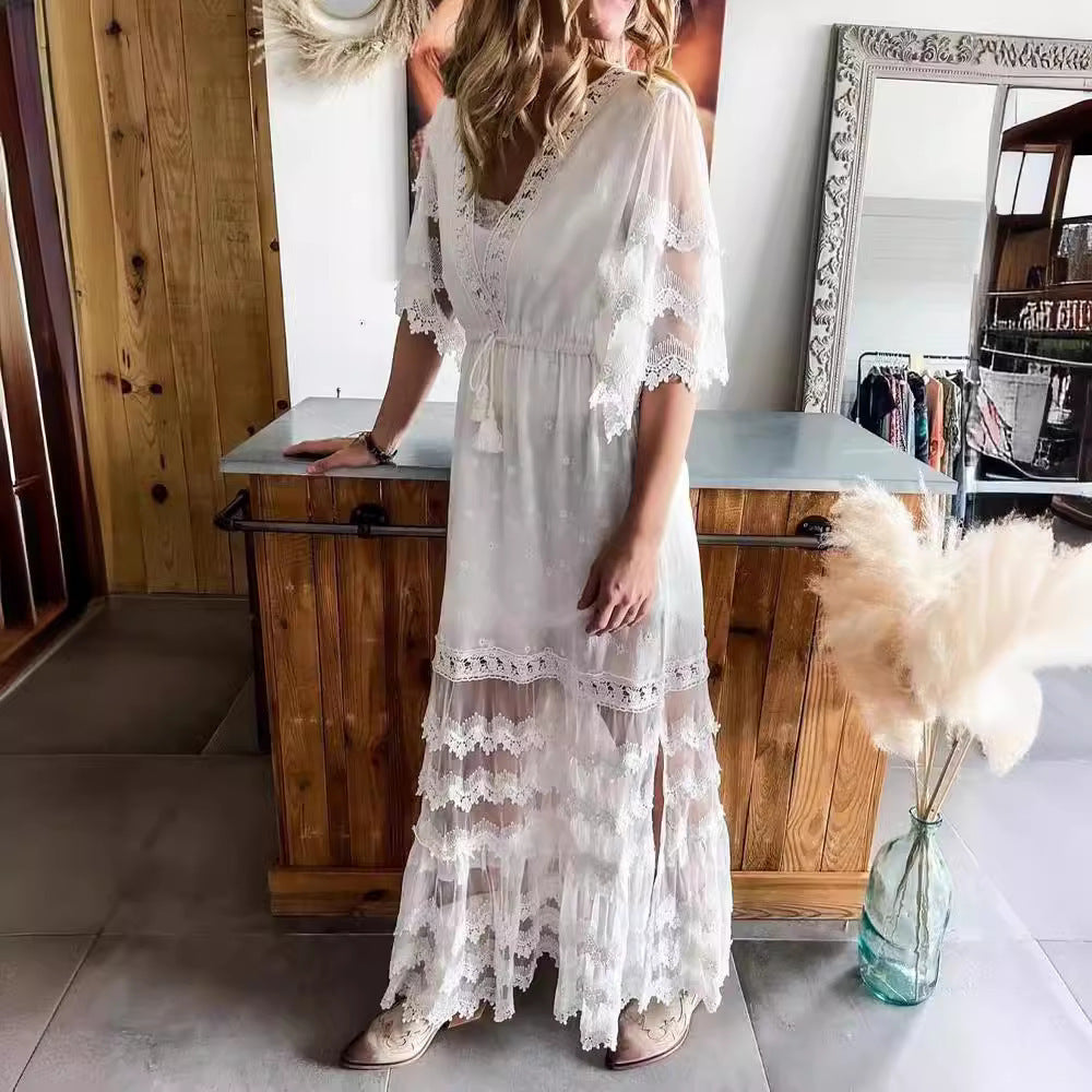 V-neck Lace Stitching Bohemian Style Dress