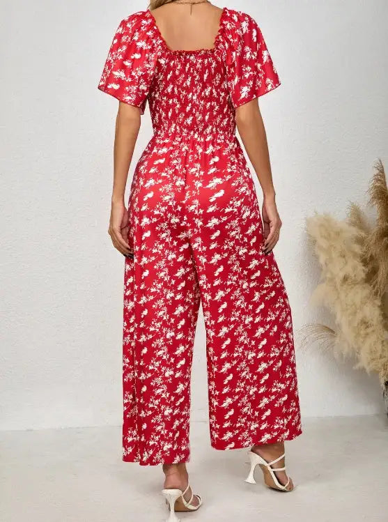 Ladies' Printed Square Neck Fashionable Loose Vacation Style Jumpsuit