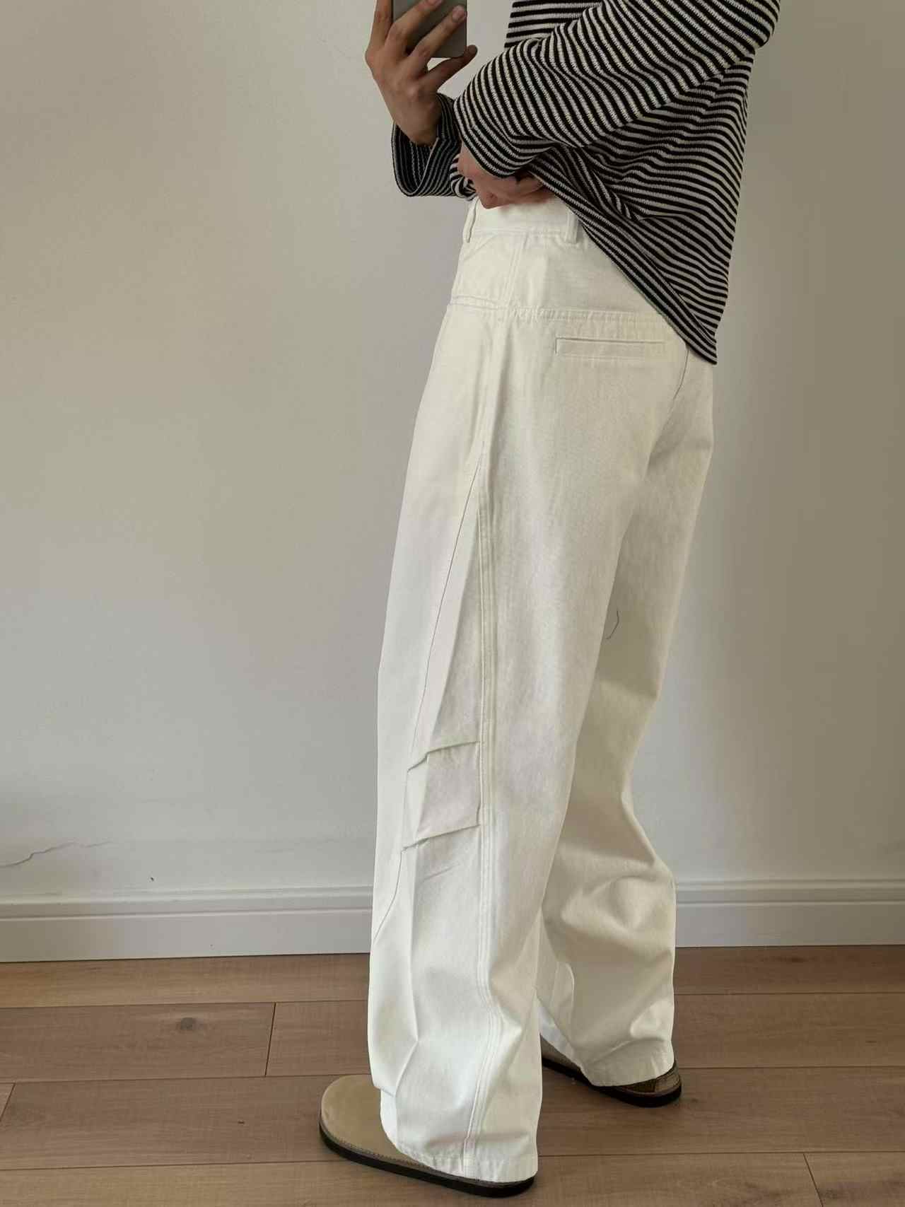 Three-dimensional Cut Pleated Washed All-match Matchet Pants White Unifrom Casual Jeans