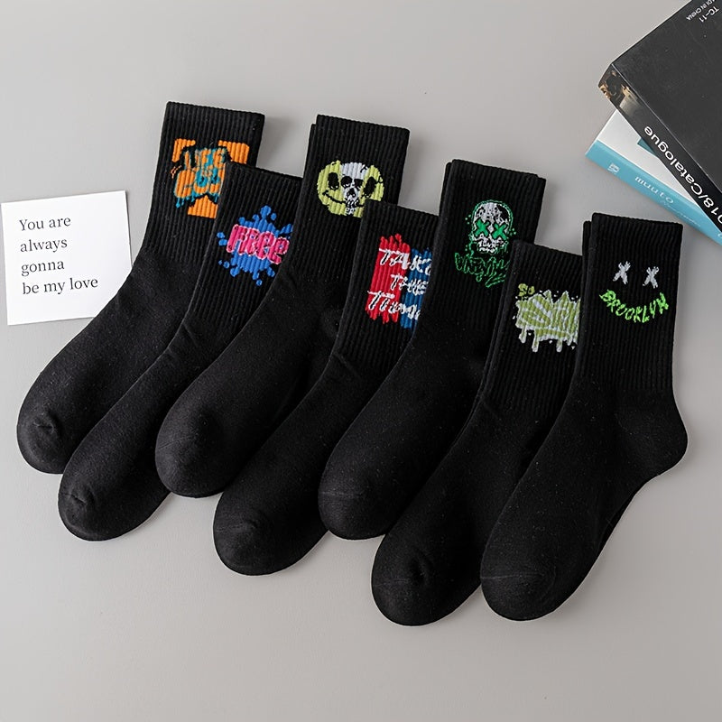 3/6/8/10/12 Pairs Of Medium Length Socks With Graffiti And Spray Painting For Personalized Fashion, Comfort, And Durability