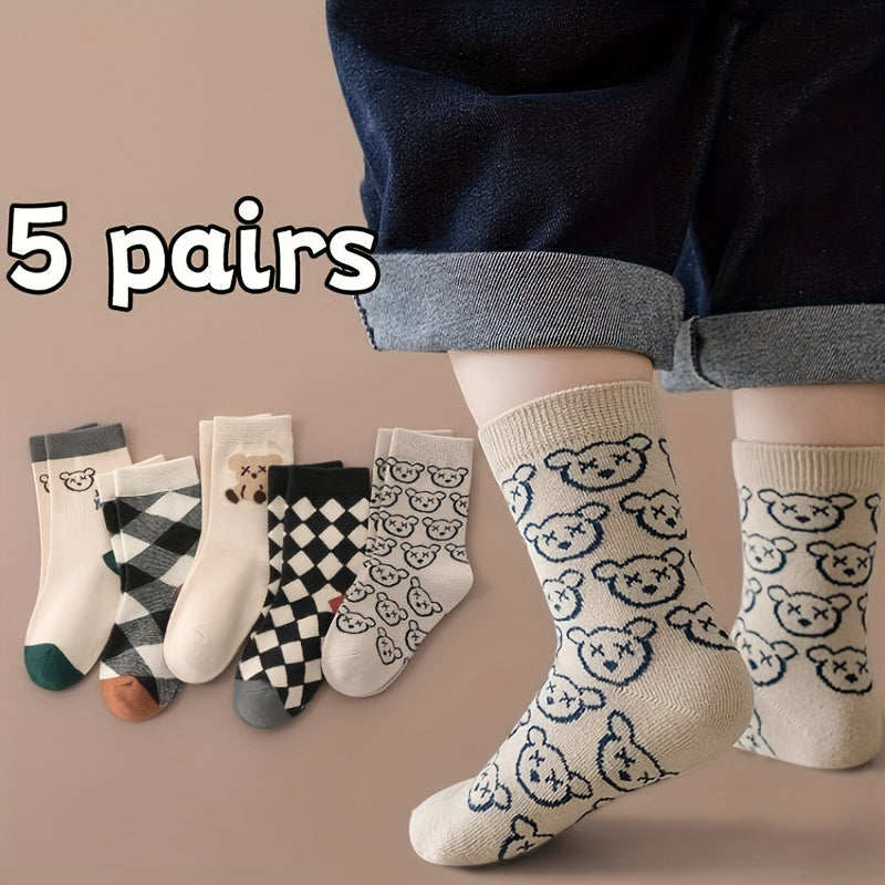 5 Pairs of Vibrant Cartoon Checkered Crew Socks for Boys - Calf Socks with Breathable, Comfy, Casual Style for Unisex Kids, Perfect for Outdoor Play All Seasons, Soft, Gentle, and Durable