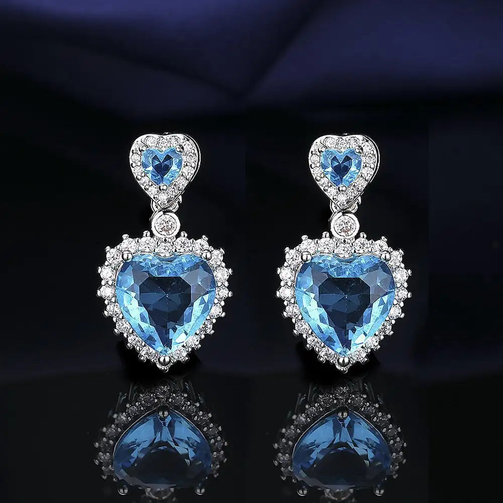 European And American Aquamarine Colored Gems Necklace Ear Stud Ring Women's