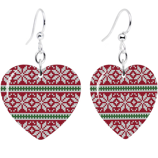 Red Green Christmas Sweater Heart Fishhook Dangle Earrings