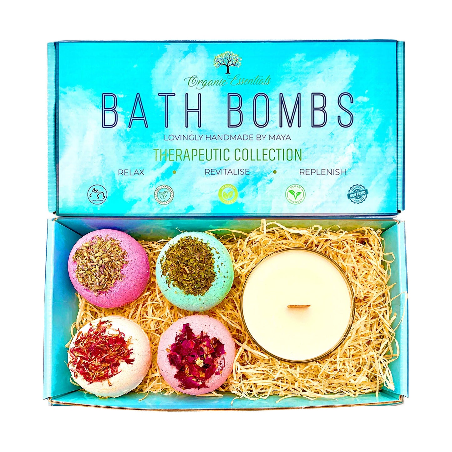 Bath Bomb Gift Set with Coconut & Monoi Scented Candle and Wood Wick