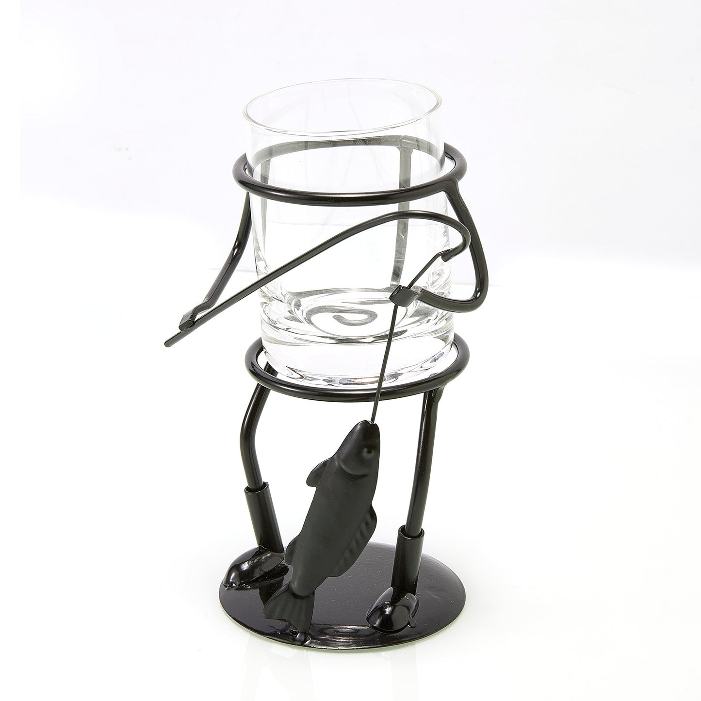 Fisherman Fishing Whiskey, Wine & Water Glass - Glass & Metal Cup Holder- Hook & Line Whiskey, Scotch, Liquor Cup Holder, Holds Cup, Great Gift for Fishing Enthusiasts, Boaters, Fathers, Sons