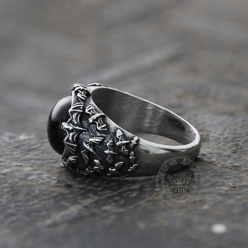 Flying Bats Stainless Steel Gemstone Ring