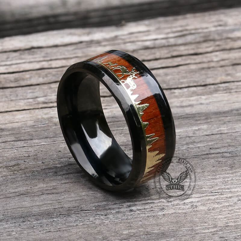 Forest Elk Wood Texture Stainless Steel Band Ring