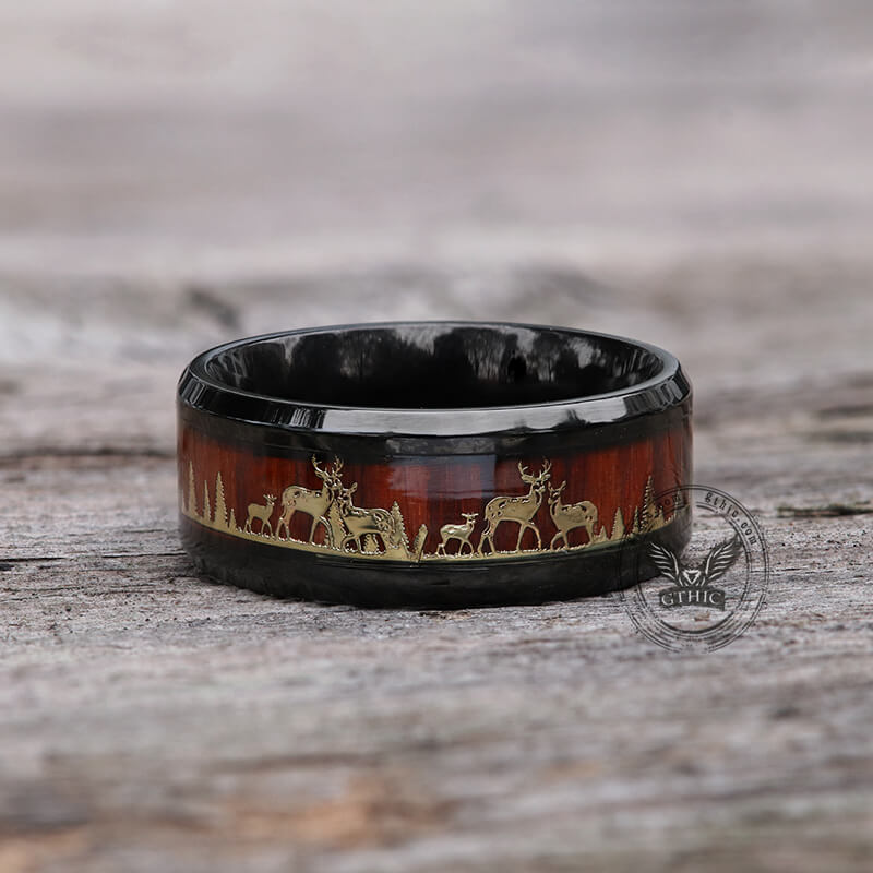 Forest Elk Wood Texture Stainless Steel Band Ring