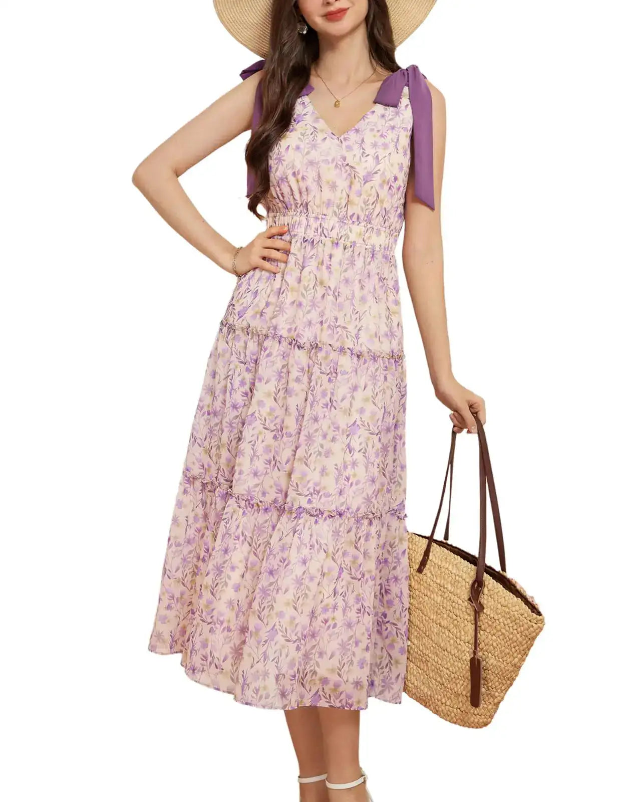 A Line Floral Long Dresses for Women Flowy Summer V Neck Sun Dresses Casual Sleeveless Bow Swing Vacation Dresses Purple M