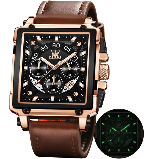 OLEVS Watches for Men Quartz Chronograph Leather Fashion Dress Watch Date Waterproof Luminous Casual Square Business Wrist Watches Black