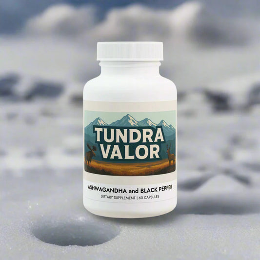 Supplement bottle labeled 'Tundra Valor' on a white background