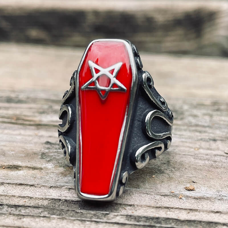 Gothic Coffin Pentagram Stainless Steel Ring